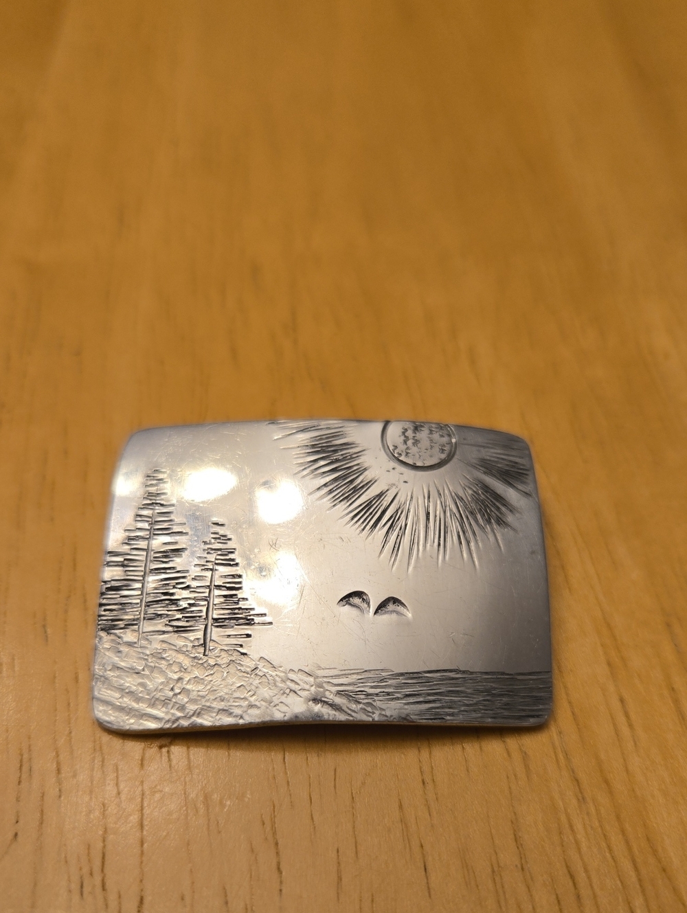 Engraved Silver Landscape Brooch with Sun and Trees